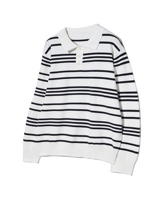 IRONYPORNO WHITELINE 86-Iroj358 Collared Neck Small Striped Long Sleeve Knit White