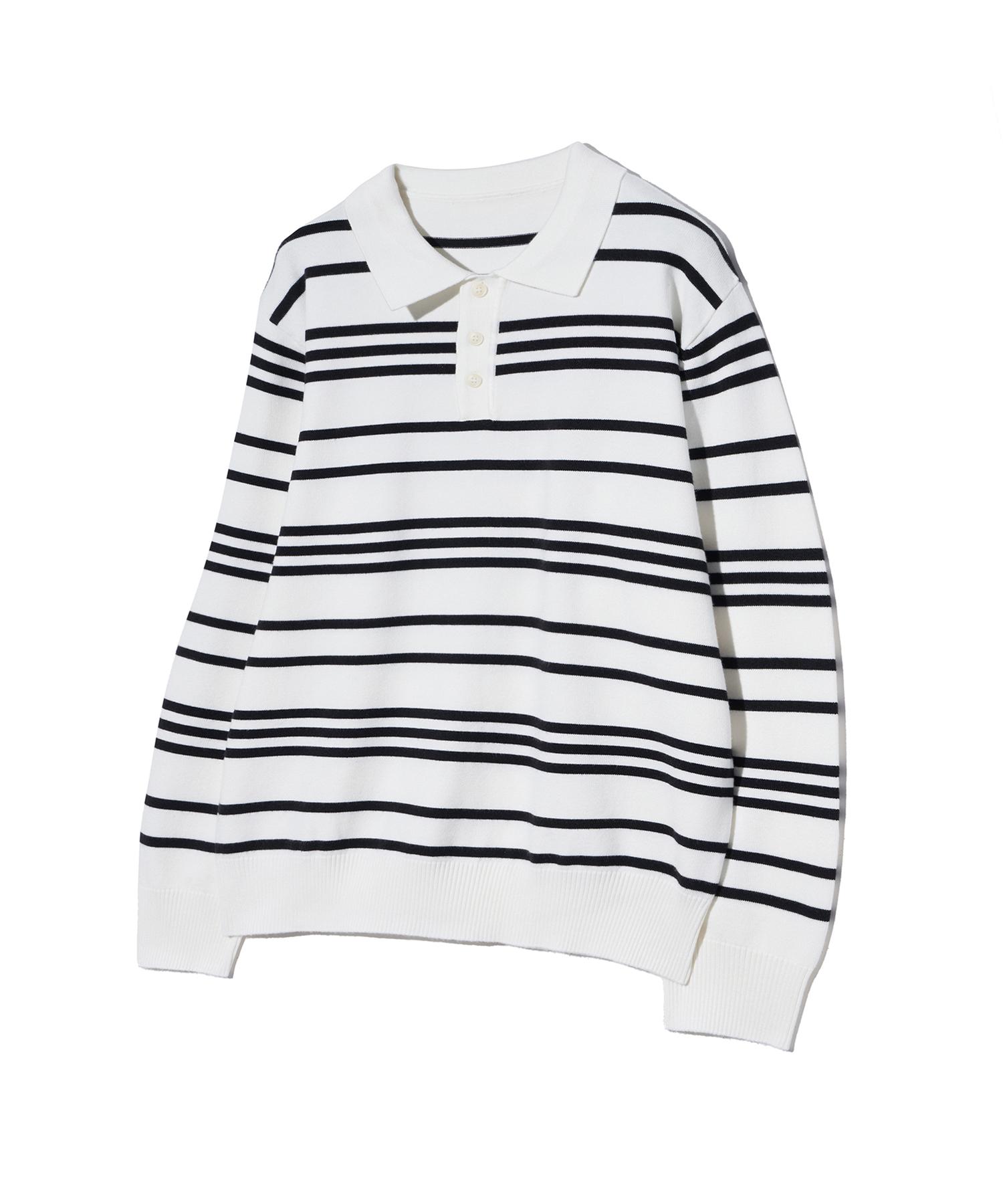 Irony Porno White Line 86-Iroj358 Collared Neck Small Striped Long Sleeve Knit White White/L