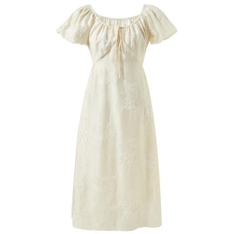 San Cai Women's Lyocell Embroidered Puff Sleeve A-Line Maxi Dress