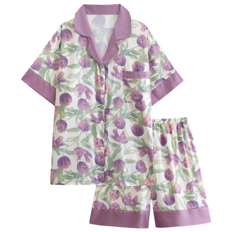 

Женская летняя пижама Ice Silk с короткими рукавами в стиле фиолетового тюльпана M (80-100 Jin)