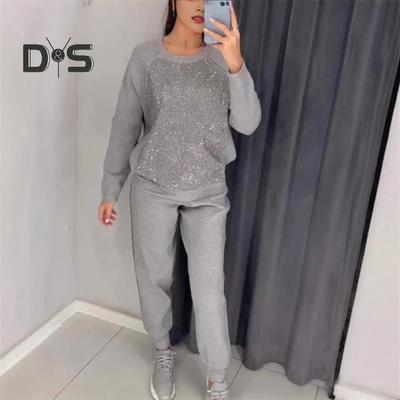2 tk/komplekt Naiste ülaosa püksid, ülikond Rhinestone Decor O kaelus, pikad varrukad Patchwork Sport dressipluus elastne vöökoht Püksid Fitness Outfit sügis kevad