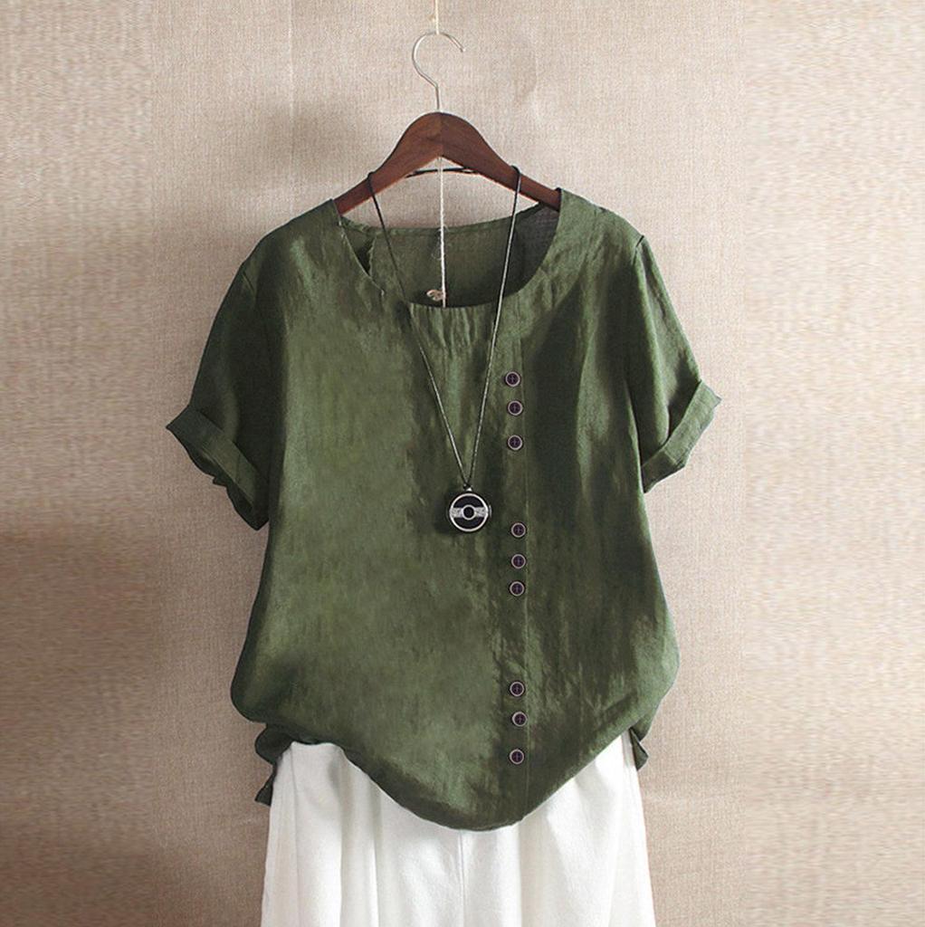 2024 Women's European & American Fashion Short Sleeve Casual Cotton Linen Top with Button Detail
