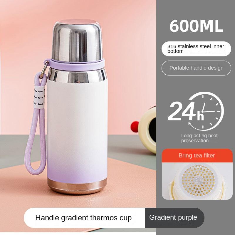 

Одна чашка с двойной крышкой, вакуумная чашка из нержавеющей стали 316, студенческая чашка для воды, большая емкость, портативная веревка, удерживающая девочек, красивый градиент 600ml-800ml