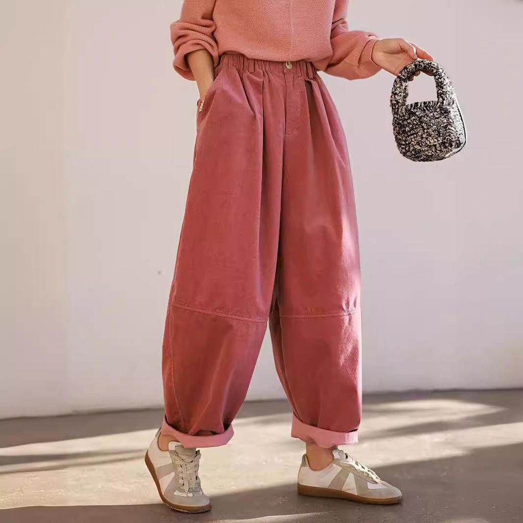 Retro Corduroy Lantern Pants with Ribbed Texture - Literary Style