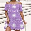 Women Plus Size Cold Shoulder Chain Straps Short Sleeve Sun Moon Printed Beige Loose Dress