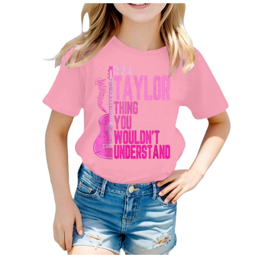 Summer Round Neck 3D Guitar Printed Top Fashionable Casual Short Sleeved Children's Girl T-shirts