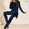 Women Plus Size Round Neck Long Sleeve Navy Blue Printed Longline Top Fitted Pants Set