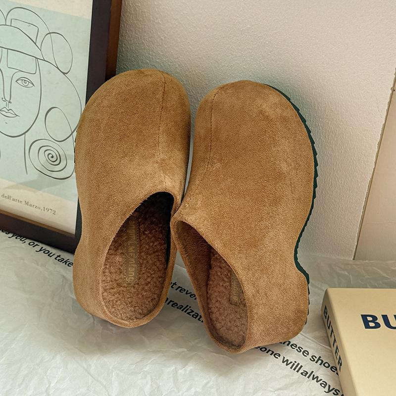 Winter new cowhide thick bottom heightening velvet women's versatile retro muffin bottom casual bag head slippers