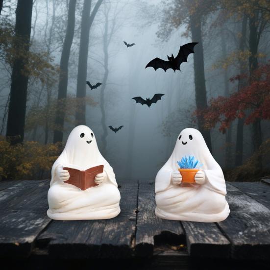 2 Pcs Sitting Ghost Ornaments Reading Holding Potted Plant Statue Figurine Resin Ghost Halloween Decor