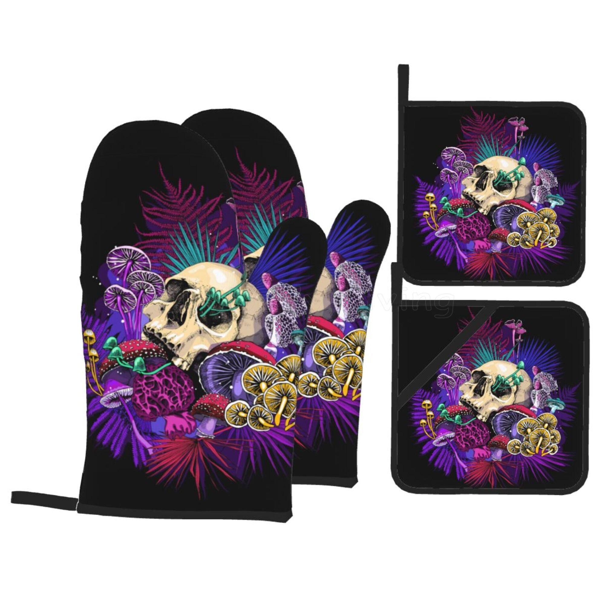 

Mushroom Skull Oven Mitts and Pot Holders Sets of 4 Resistant Hot Pads Non-Slip Cotton Lining Gloves for Baking Cooking