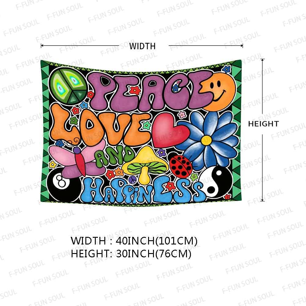F-FUN SOUL Peace Love and Happiness Tapestry Groovy Tapestries, 40x30inches, 70s Theme Tapestries Hippie Aesthetic Tapestry Wall Hanging for Bedroom