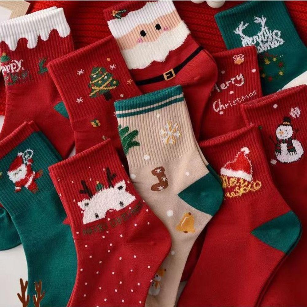 5 Pairs/Lot Snowman Christmas Socks Elk Winter Socks Creative Mid-tube Socks  Autumn