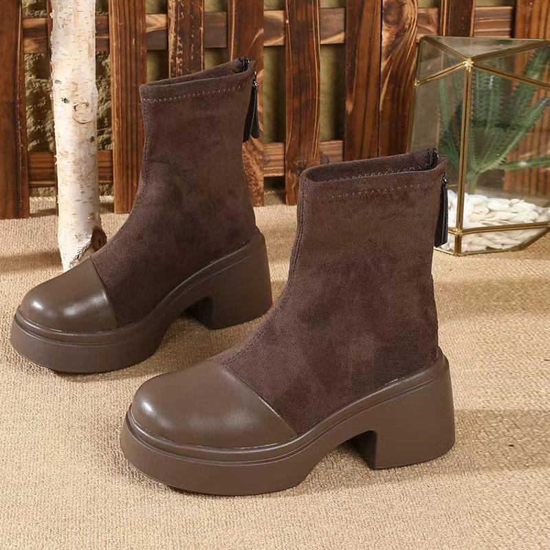 New Women'S Platform Boots For Petite- Chunky Heel Ankle Boots With Rear Zipper , Retro Style Fall/Winter Booties