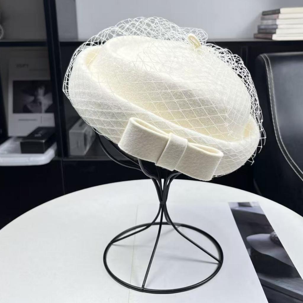 Australian Hair Light Luxury French Celebrity Style White Mesh Bow Top Hat Women's Autumn and Winter Elegant and Sweet Temperament Beret