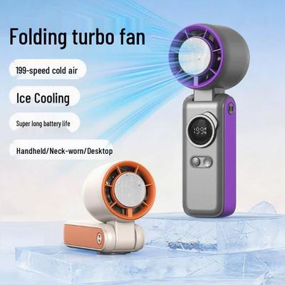 Handheld Folding USB Ice Pack Fan with Digital Display - Compact Turbine Fan with Strong Wind Power