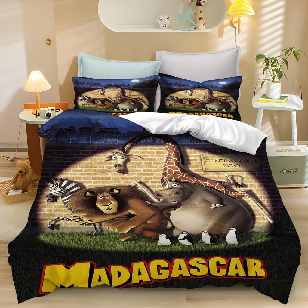 Set Copripiumino Madagascar Set Biancheria da Letto Set Piumone Matrimoniale 3D Set Biancheria da Letto per Bambini