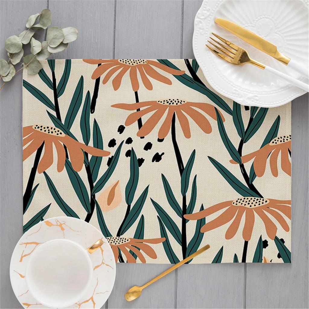 Morandi Floral Sunflower Printing Linen Placemat for Dining Table Drink Coaster Home Decoration Modern Kitchen Cup Pads