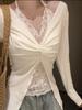 2025 Women's Korean Style Lace T-shirt - Long Sleeve Two-Piece Look with Chest Pads for Autumn/Winter.
