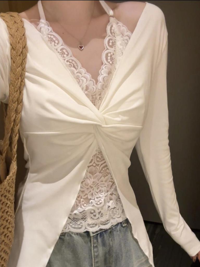 2025 Women's Korean Style Lace T-shirt - Long Sleeve Two-Piece Look with Chest Pads for Autumn/Winter.