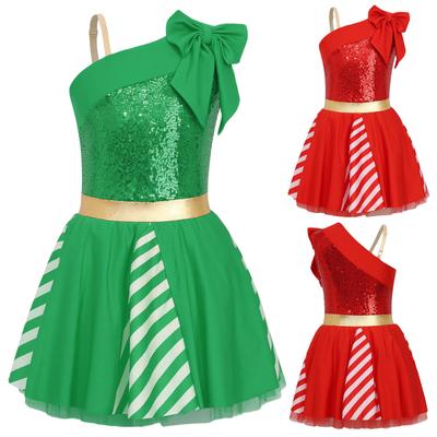 Mädchen Weihnachtskostüm Ärmellos Pailletten Streifen Tutu Kleid Tanzkleid Eiskunstlaufkleid