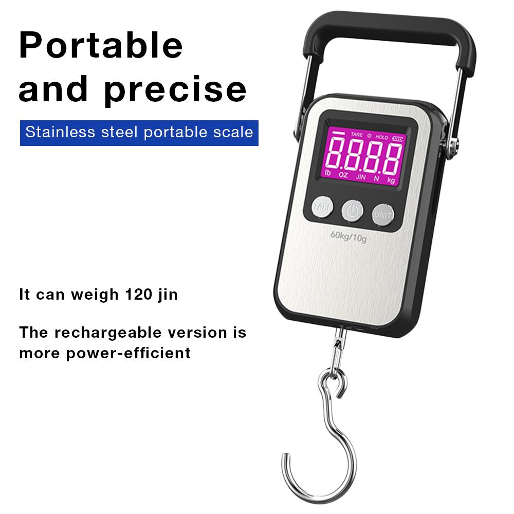 

60 кг/10 г Портативные весы из нержавеющей стали Перезаряжаемые подвесные весы ЖК-цифровые крючковые весы Весы для багажа и рыбалки для дома серебряный