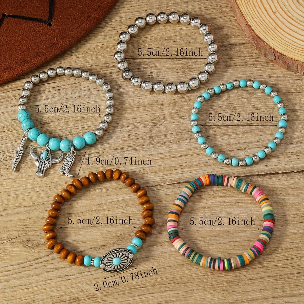 5PCS Boho Beaded Turquoise Bracelet Colorful Western Cowgirl Summer Beach Jewelry