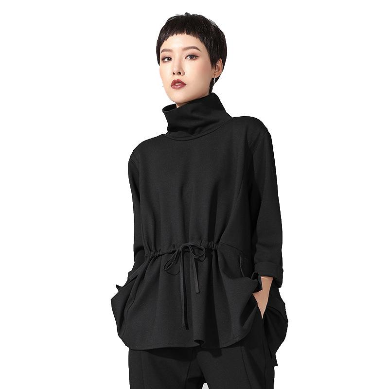 Trendiges Damen Oberteil im europäischen und amerikanischen Stil, dunkel, langärmlig, mit Kordelzug in der Taille - Frühling/Herbst