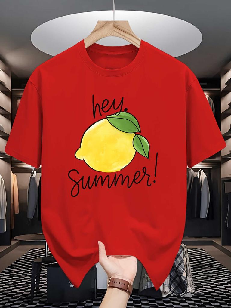 Unisex Crew Neck Tee Hey Summer Lemon Fruit Hand Drawn Print Soft Cotton Loose Short Sleeve Summer Casual Male Streetwear Tops