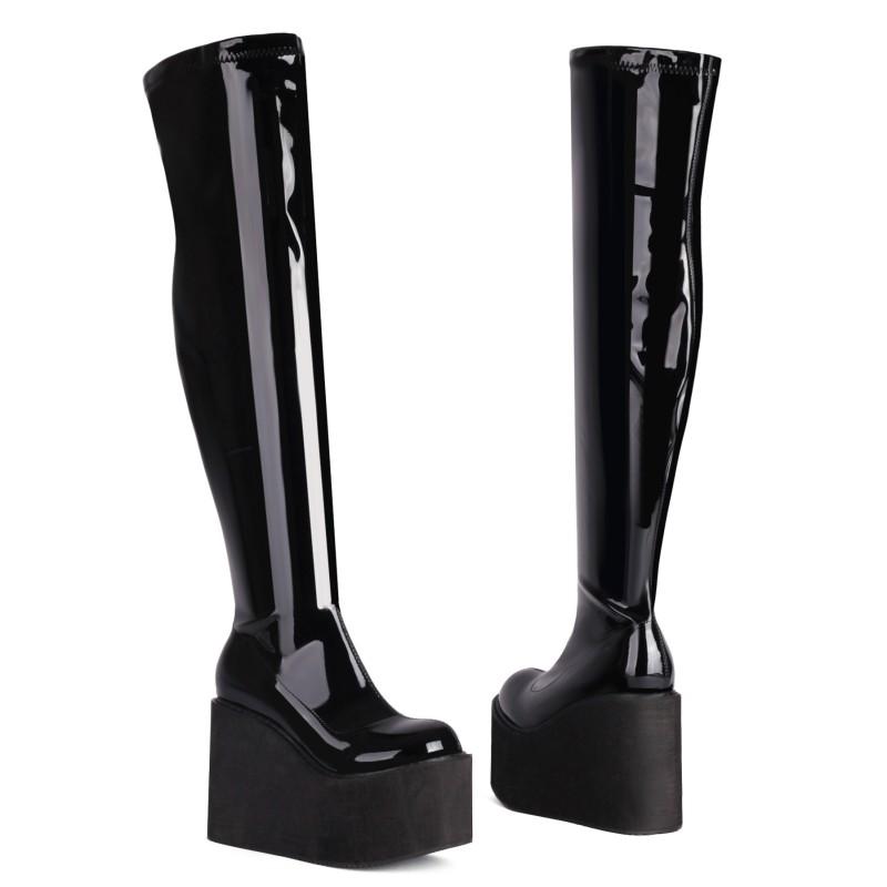 Wedge Women's Thigh High Boots Female Platform PU Leather Wedge Heeled Over the Knee Boot Red Black Long Fetish Shoes Large Size