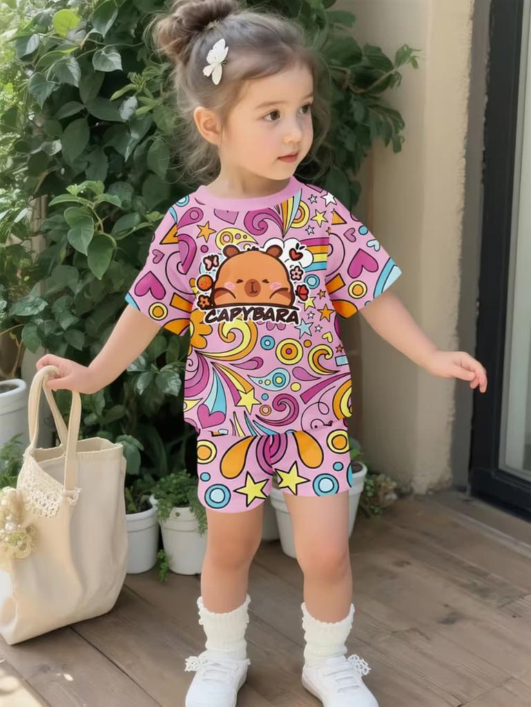 Girls Summer 2 Piece Set Cute Capybara Animal Print Short Sleeve Top And Shorts Casual Outfit For Kids Daily Wear