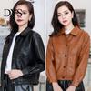 Button-up Women Jacket Faux Leather Smooth Surface Turn-down Collar Single-breasted Long Casual Coat Sleeves Pockets Retro Motorcycle Office Commuting