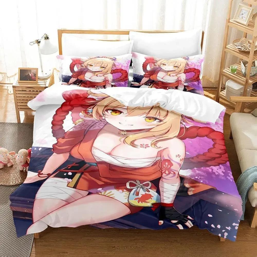 Game Yoimiya Genshin Impact Bedding Set Cartoon Anime Three-piece Set Adult Kid Bedroom Duvet Cover Sets 3D Kawaii Girls
