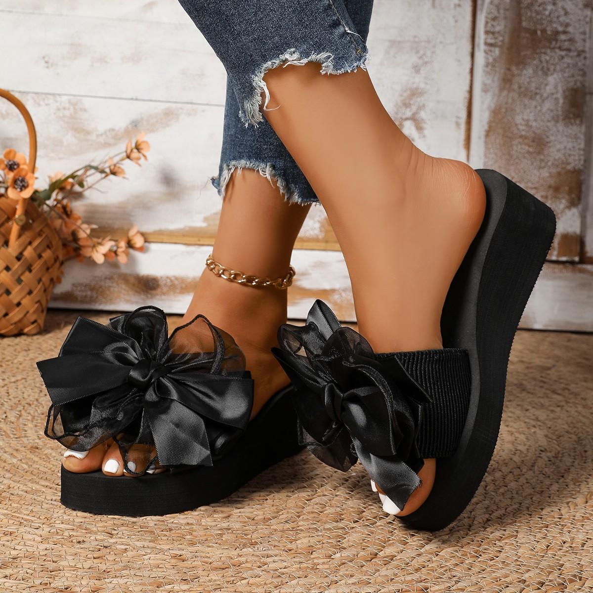 

Fashion Wedge Heel With Bow Women s Slippers and Ladies Sandals Top Designs Shoe On Sale Casual 2025 Trend Slides High Quality Shoes 35 чёрный