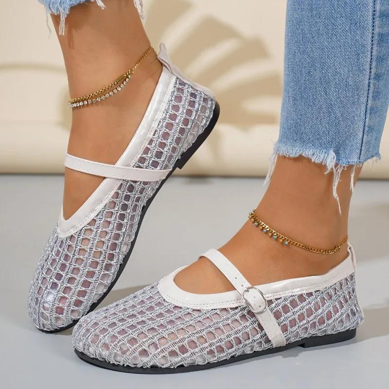 Fashion Fairy Style Mary Jane Sandals for Women 2025 New Summer Mesh Hollow Leisure Woven Fishing Net Soft Sole Shoes