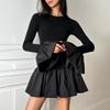 Flare Sleeve Mini Dress For Women Fashion Splice Folds Dress A-Line Hem Bodycon Female Elegant Dress  Summer New