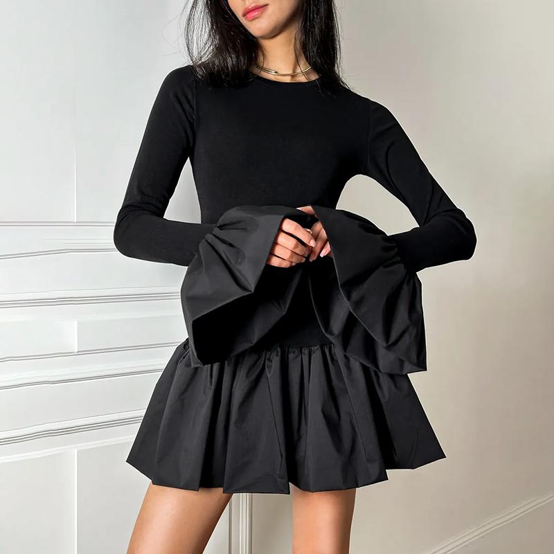 Flare Sleeve Mini Dress For Women Fashion Splice Folds Dress A-Line Hem Bodycon Female Elegant Dress  Summer New