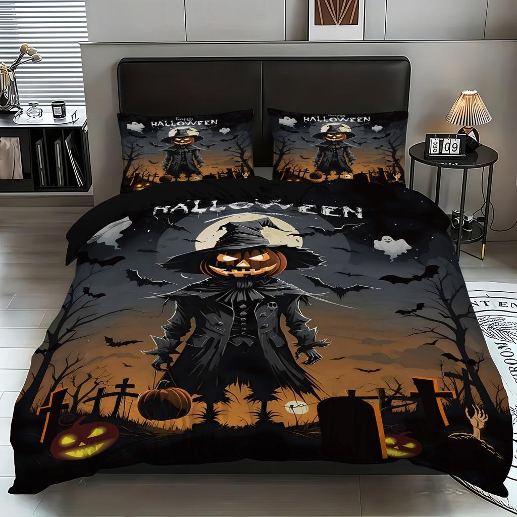 3PC Halloween Horror Pumpkin Printed Bedding Set Coreless Soft, Comfortable, Bedroom Dormitory, Multiple Sizes, Machine Washable
