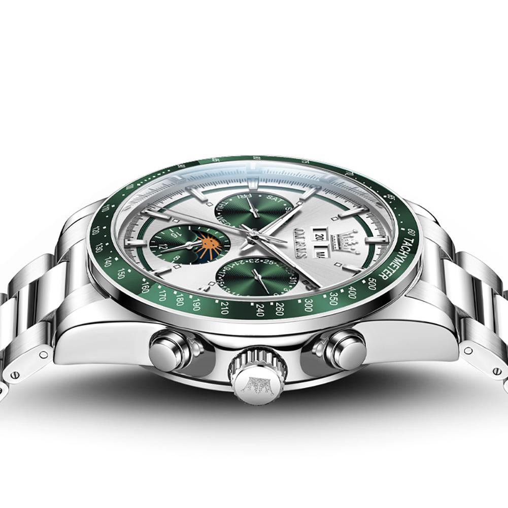 OLEVS Men Automatic Wristwatch Tachymeter Bezel Moon Phase Week Month Date Display Stainless Steel Waterproof Sport Watch