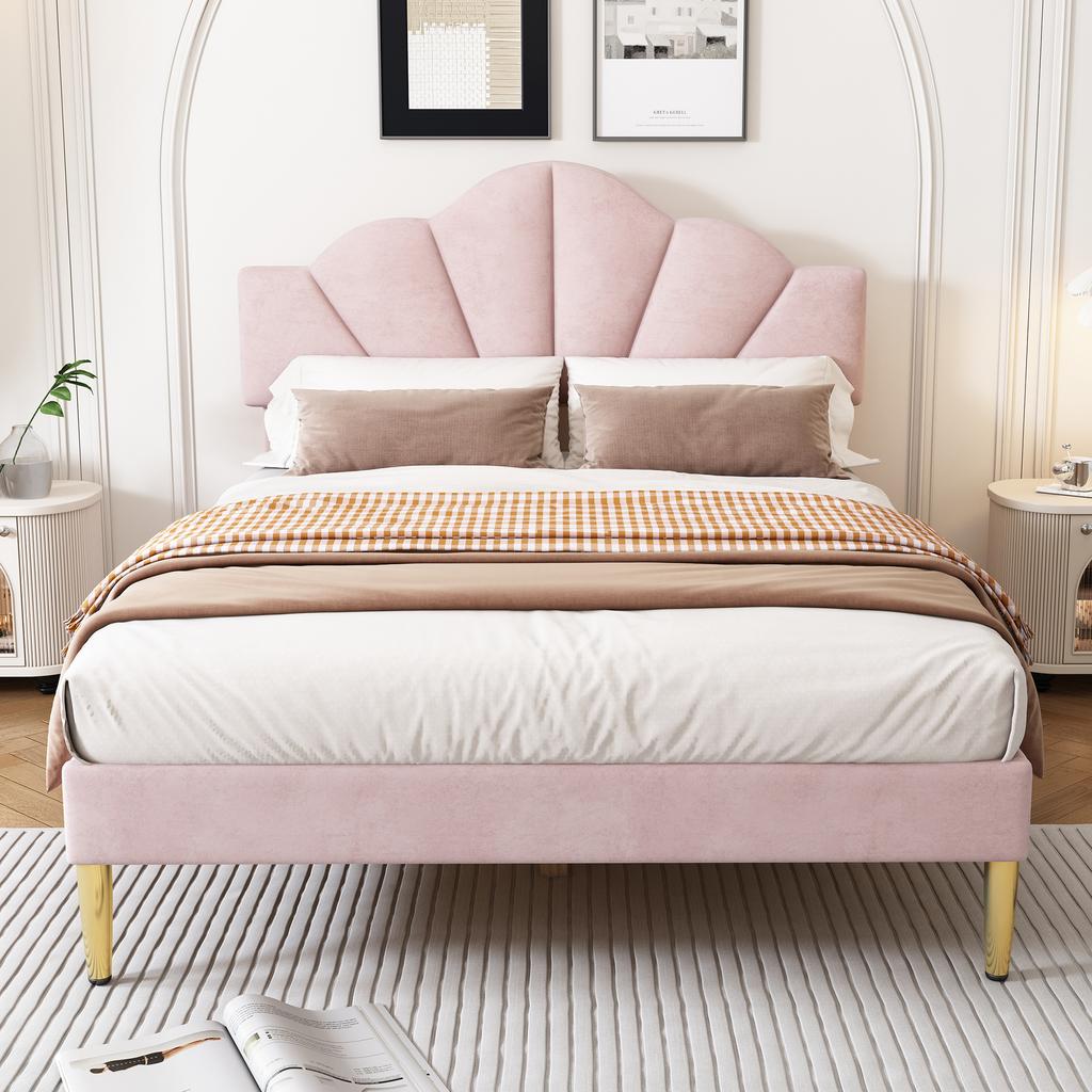 Velvet, upholstered bed, 140*190 cm, double bed, shell-shaped bed with gold iron legs, height-adjustable headboard, wooden slatted base, pink