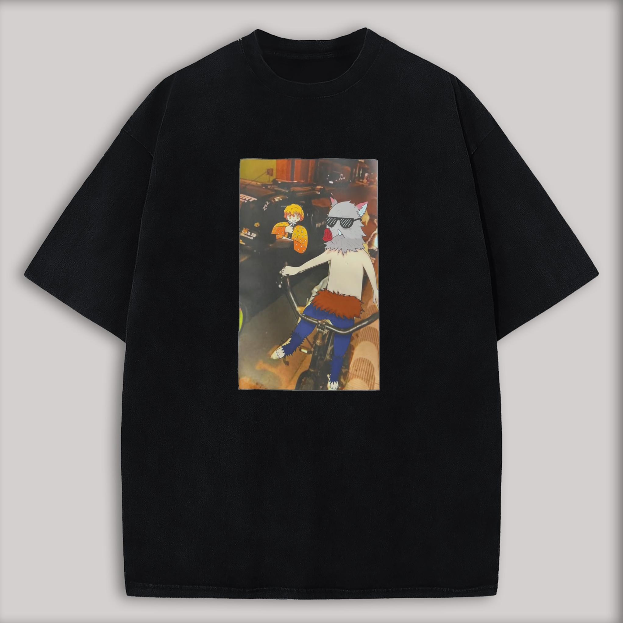 Men s T Shirt Men s Sports T Shirt Men s Short Sleeve T Shirt Anime Print with Wolf Riding Bike and Blonde Boy Orange Shirt S