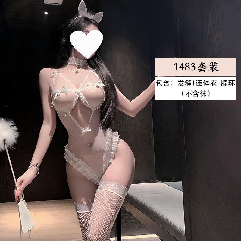 Erotic Underwear Sexy Bell Cat Girl One-piece Lace Seductive Beaded Chain Steel Ring Gathering Pajamas Uniform 1483