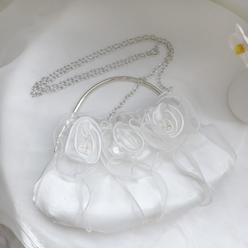 Elegant White Silk Floral Clutch Bag With Bow Detail Evening Purse Wedding Guest Or Bridal Party