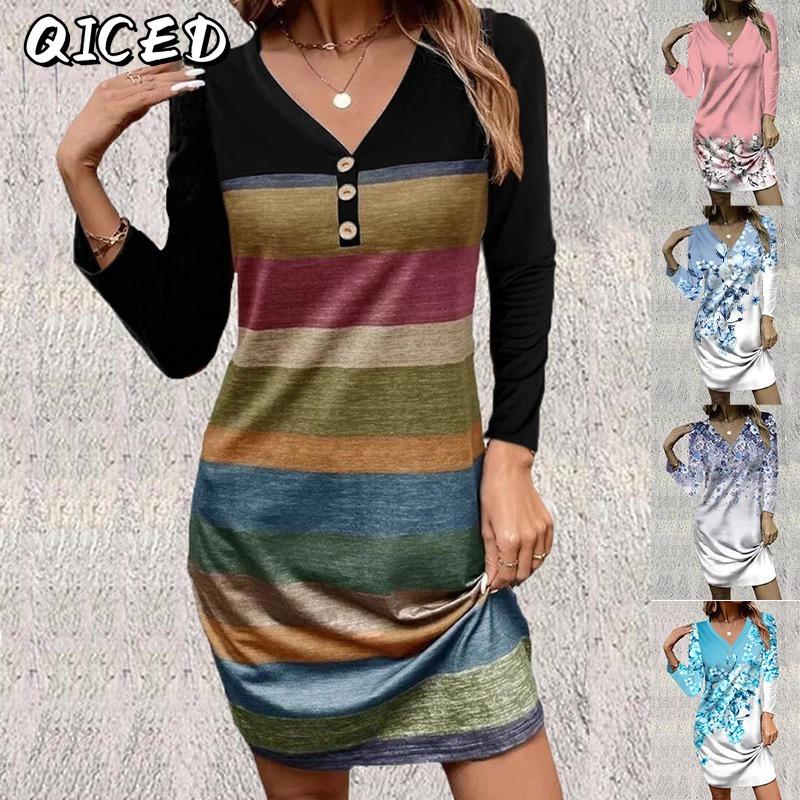 QICED Fashion Autumn Winter Long Sleeve V-Neck Casual Dresses