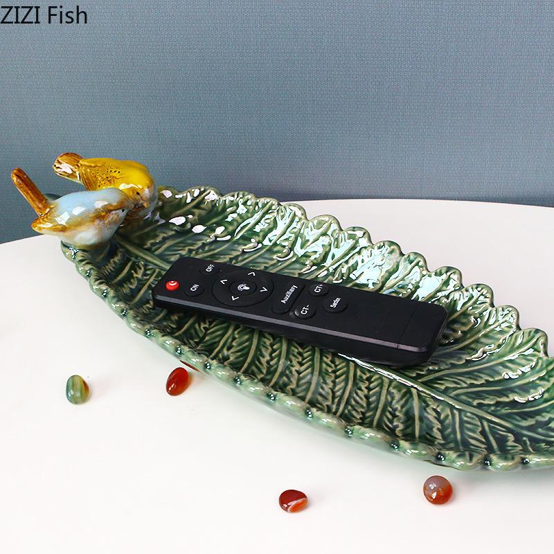Green Leaf Ceramic Fruit Plate Painted Birds Decorative Trays Snacks Nuts Plate Dinner Table Fruits Bowl Candy Storage Tray