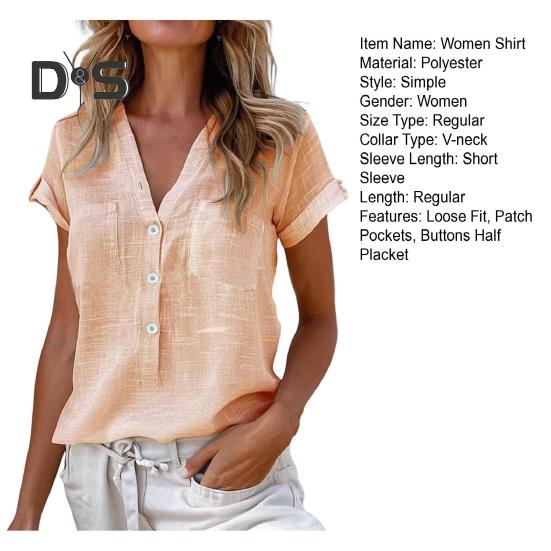 Dámská košile Knoflíky s výstřihem do V Poloviční léga Košile s krátkým rukávem Topy Jednobarevné Nášivka Kapsy Volný střih Letní Neformální košile