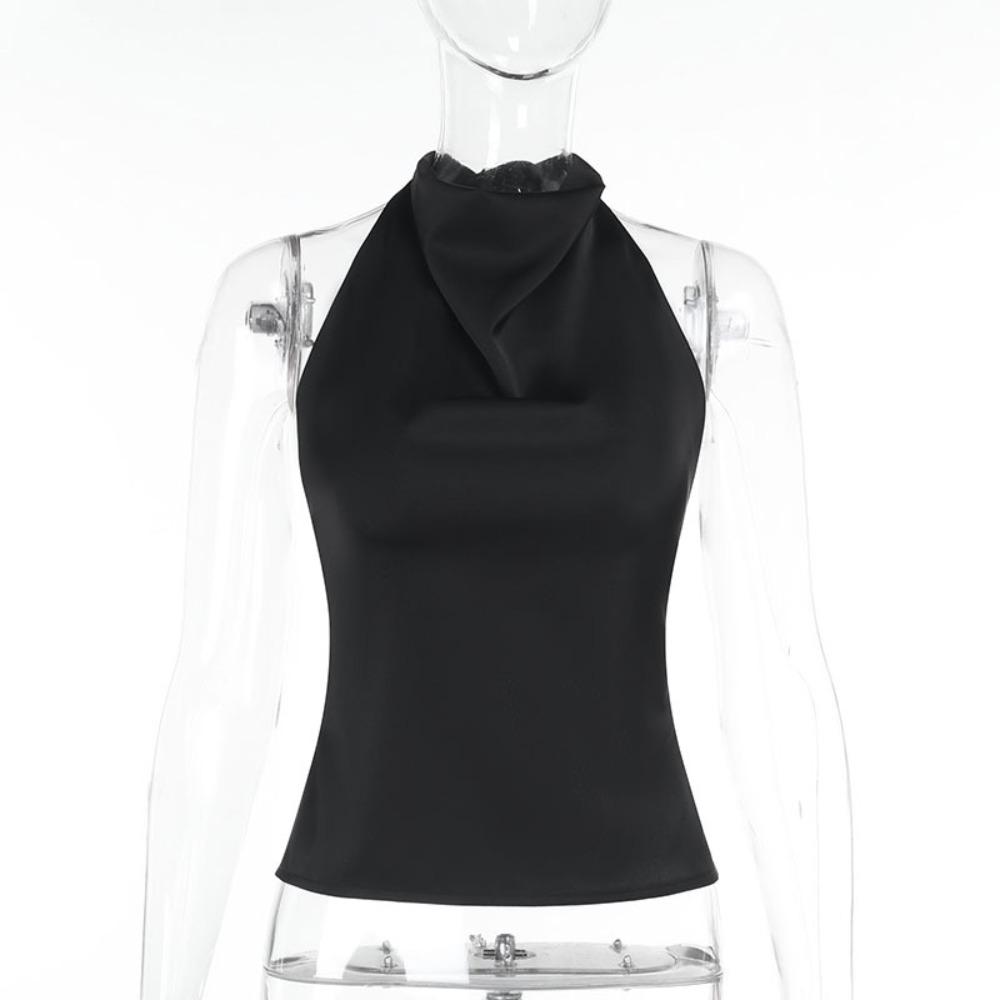 Women s Cowl Neck Sleeveless Halter Top Slim Fit Streetwear Solid Satin Tank Top XS чёрный
