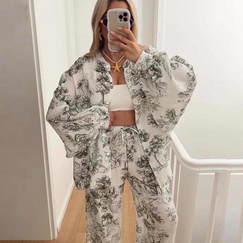 Women 2 Piece Set Tropical Print Cardigan Cami Top Wide Leg Pants Vacation Outfit