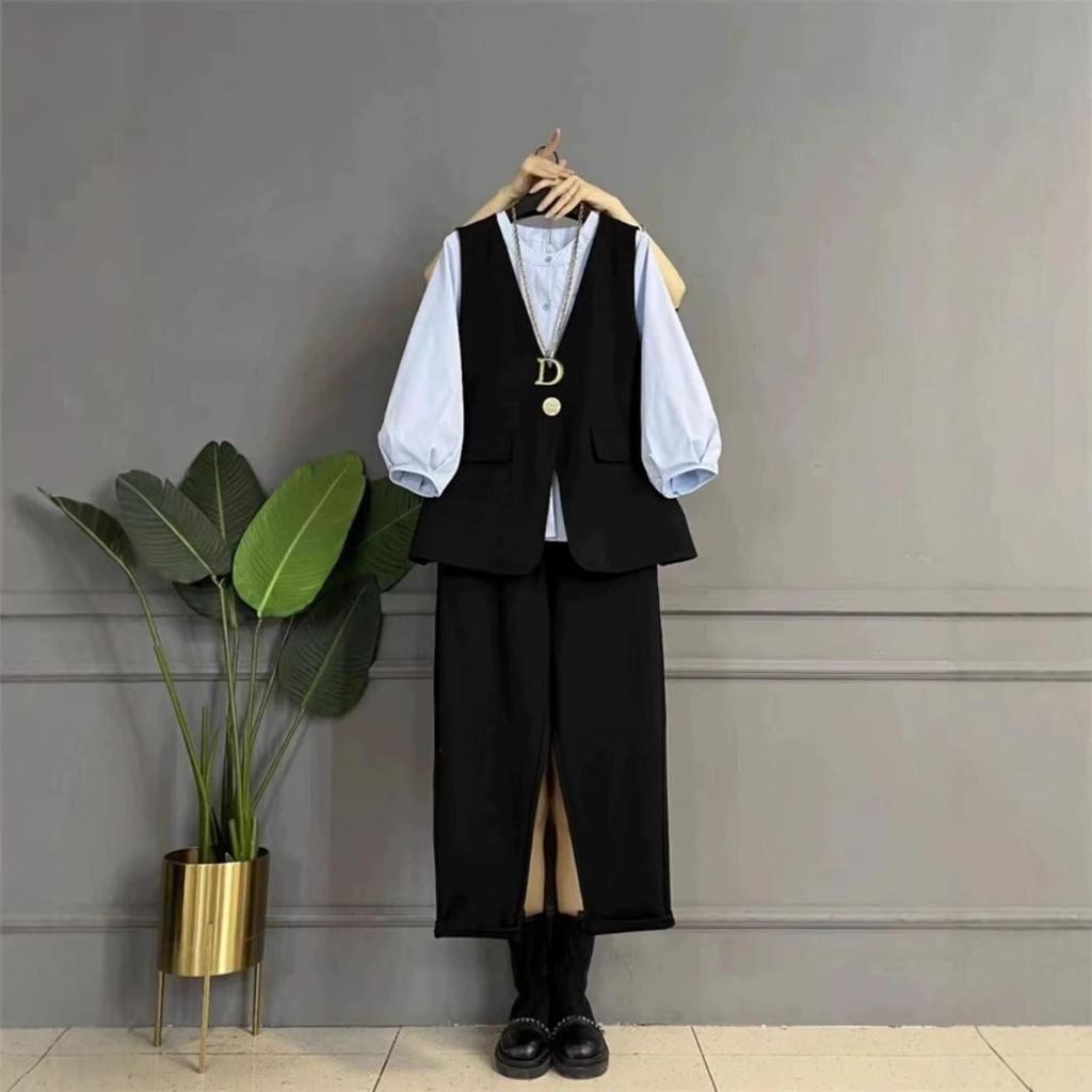 Trendy Plus Size Women's Slimming Three-Piece Set: Lantern Sleeve Shirt, Versatile Vest, and Pants