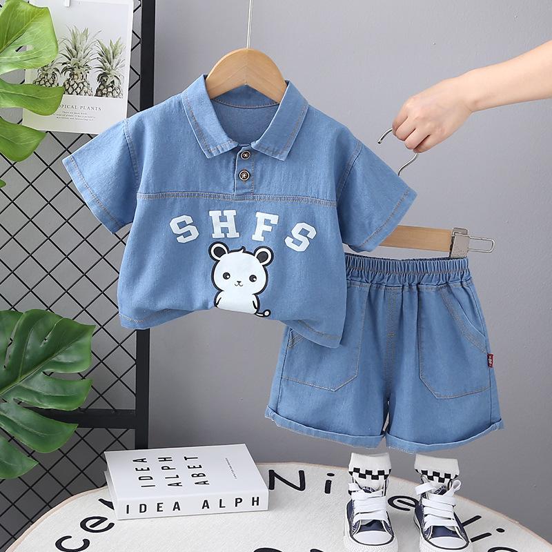 Boys Summer Suit Baby Western Style Korean Summer Children's Denim Bear Short-sleeved Two-piece Suit