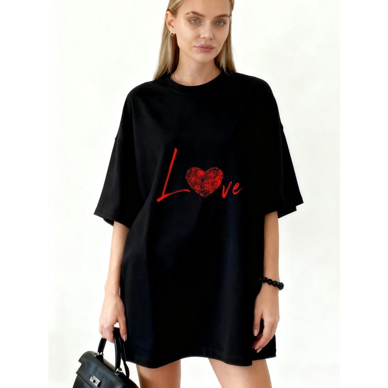 

Oversized T Shirt Dress Black Love Heart Print Graphic For Casual Wear And Daily Outfits XXXXL чорний
